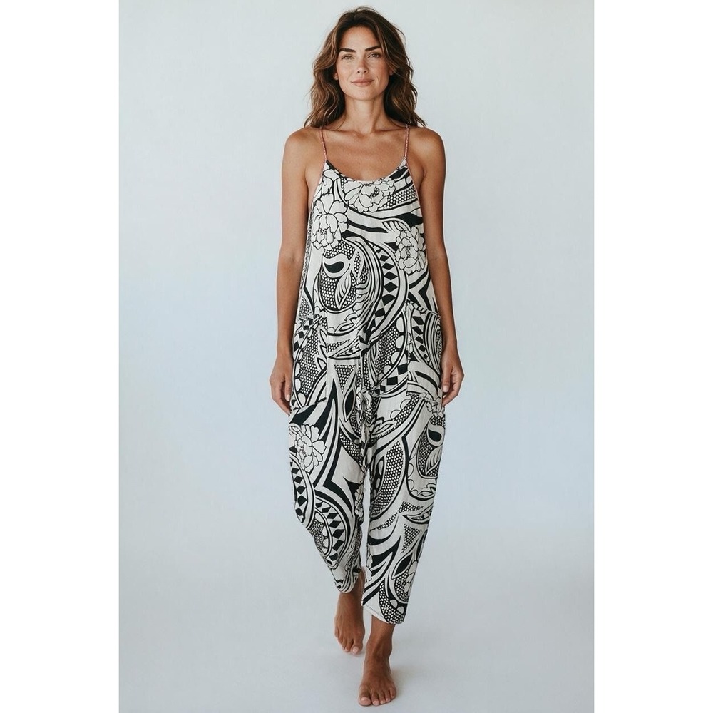 Free People FP Movement Medium Black White Floral Harem Jumpsuit Pockets